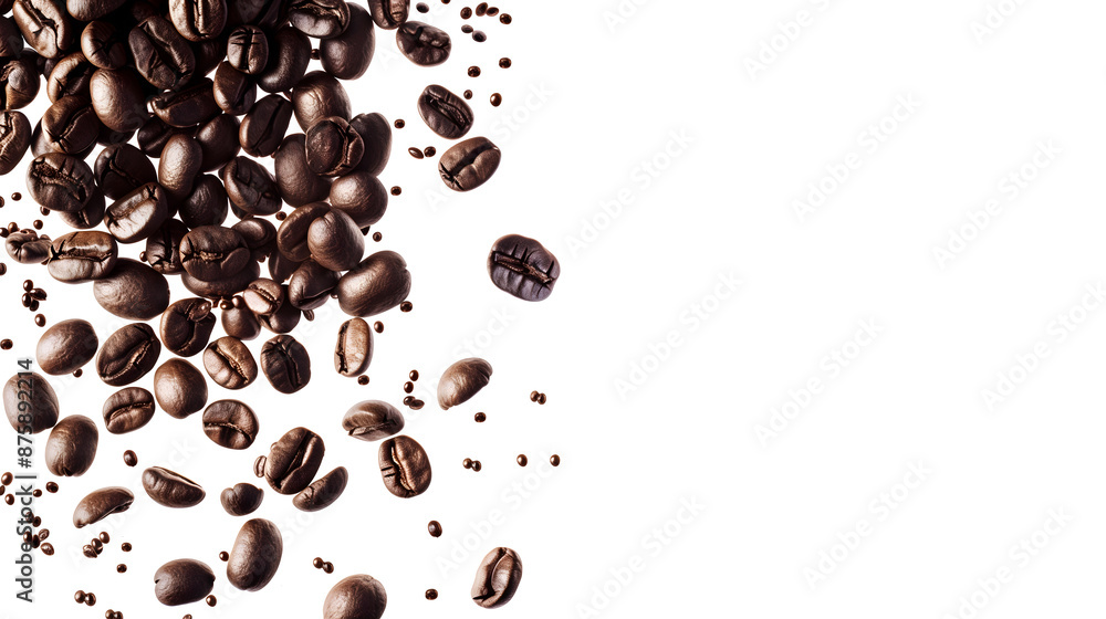 Obraz premium Flying whirl roasted coffee beans in the air studio shot isolated on white background long banner with copyspace, Healthy products by organic natural ingredients