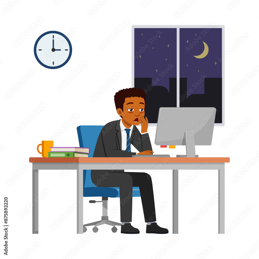 man employee work overtime at night, feeling sleepy and sit in desk working on office with computer man employee work overtime at night, feeling sleepy and sit in desk working on office with computer