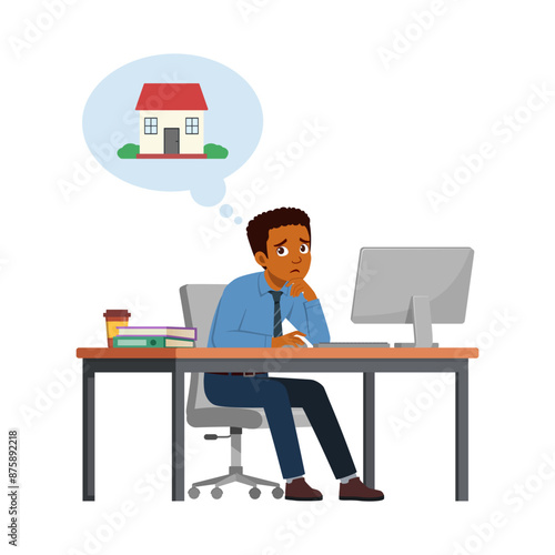man employee think and want to go home, sit in desk working on office with computer