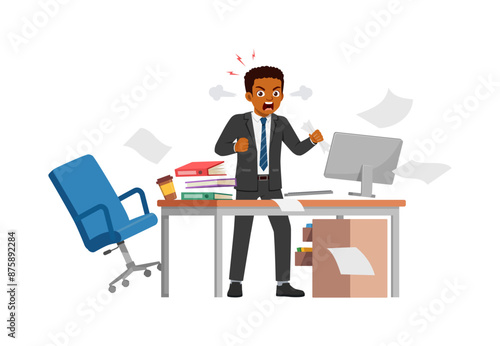 man angry, employee working on office with computer, scream and angry