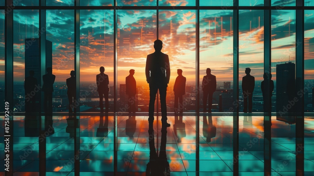 A dramatic silhouette of a business leader standing before their team in a well-lit office, with large windows providing a backdrop of the cityscape. The leader's authoritative posture and the team's A dramatic silhouette of a business leader standing before their team in a well-lit office, with large windows providing a backdrop of the cityscape. The leader's authoritative posture and the team's