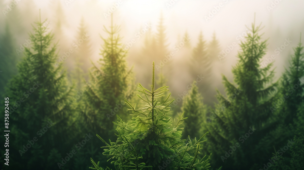 Forest in a dense fog, broken by the sunlight, created with generative AI technology Forest in a dense fog, broken by the sunlight, created with generative AI technology