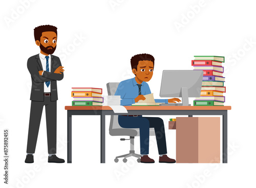 man employee sit in desk working on office with computer, boss standing angry
