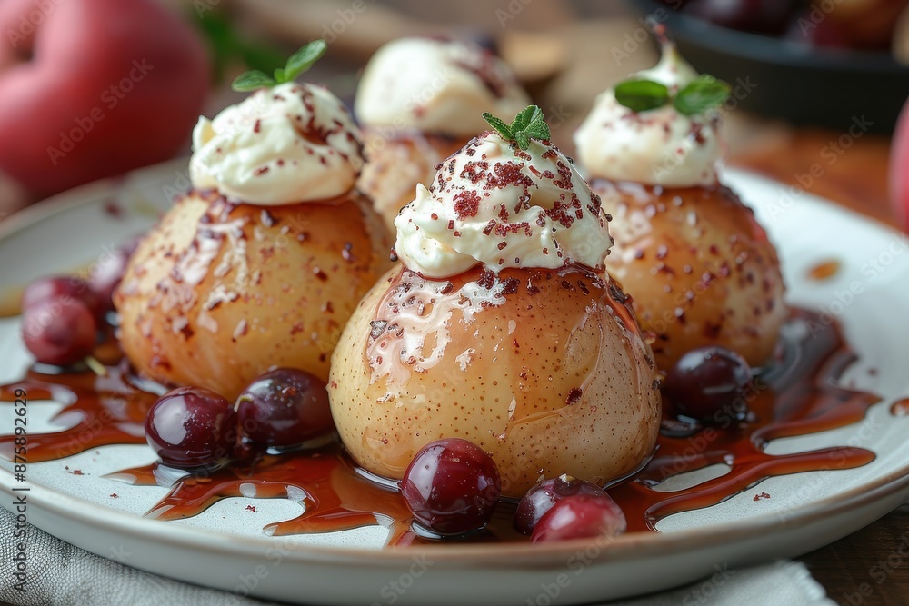 A delicate dish of poached pears in red wine, served with a dollop of mascarpone cheese. A delicate dish of poached pears in red wine, served with a dollop of mascarpone cheese.