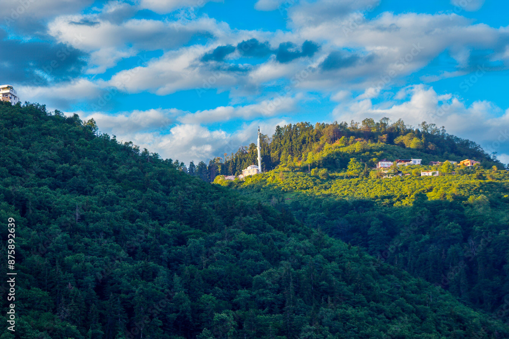Naklejka premium Ayder plateau, local houses and mountains and cloudsand rivers, Black Sea Region, Turkey