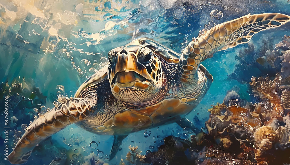 Obraz premium Write about a marine biologist who uses a portrait of a happy sea turtle to study the behavior and emotions of marine animals. What discoveries do they make, and how does the portrait contribute t