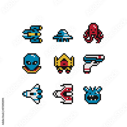 Video game spaceship and characters. Pixel art style icon. Sci-fi game logo. Sticker design. 8-bit sprite. Old school computer graphic style. Isolated vector illustration.  