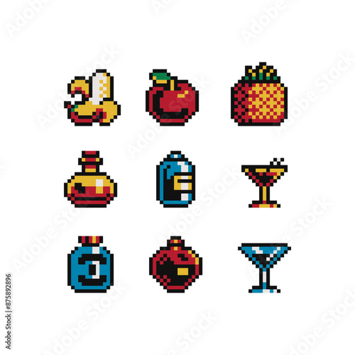 Food and drink pixel art icons set, cherries, watermelon, grapes. Design for logo, sticker and mobile app. Isolated vector illustration.