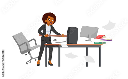 woman angry, employee working on office with computer, holding big hammer