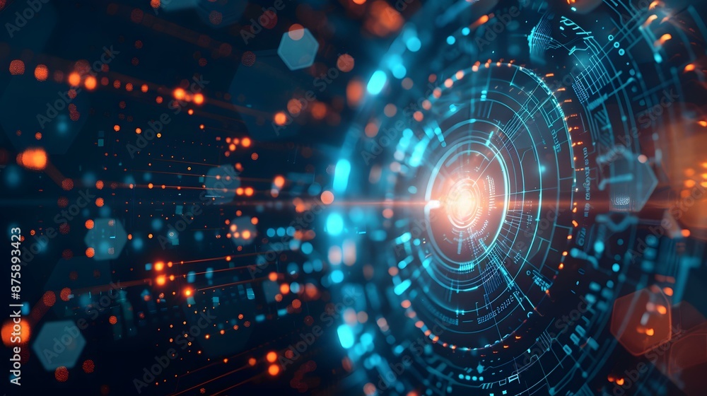 Blue and orange technology background with a glowing circle in the center Blue and orange technology background with a glowing circle in the center