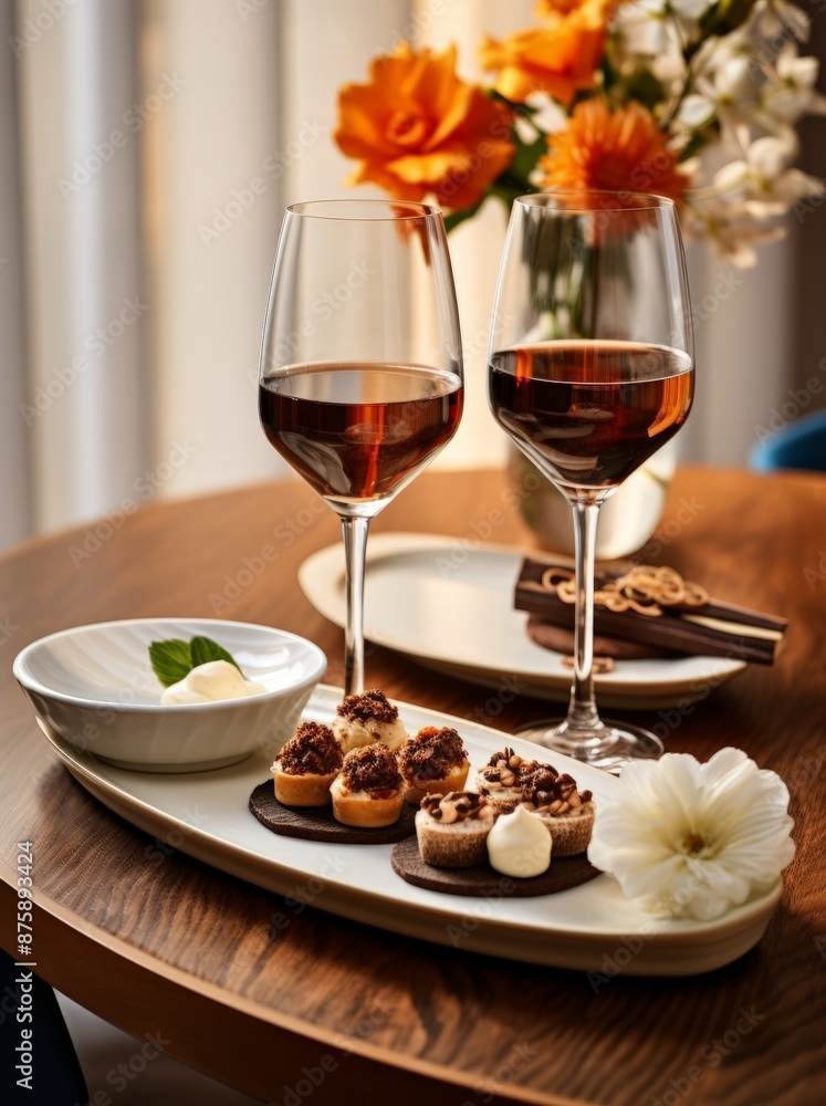 Elegant table setting with two glasses of red wine and a variety of gourmet desserts on a stylish platter. Vertical photo. soft focus Elegant table setting with two glasses of red wine and a variety of gourmet desserts on a stylish platter. Vertical photo. soft focus