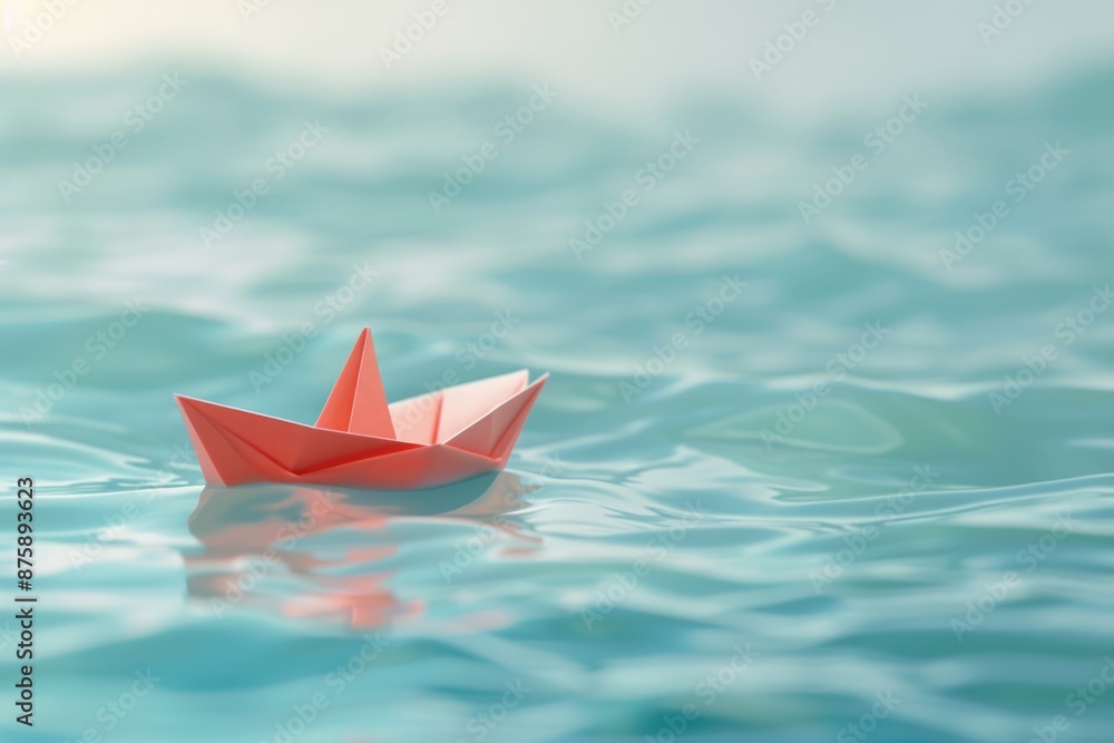 Paper Ocean. Toy Paper Boat on Calm Water with 3D Concept Illustration Paper Ocean. Toy Paper Boat on Calm Water with 3D Concept Illustration