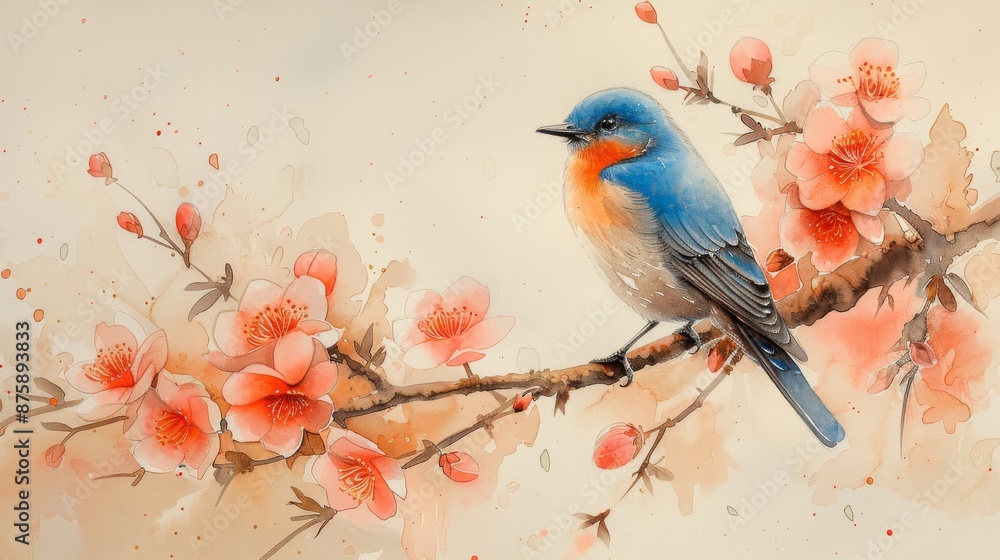Watercolor painting of a bluebird perched on a blooming branch, copy space banner, vintage background Watercolor painting of a bluebird perched on a blooming branch, copy space banner, vintage background