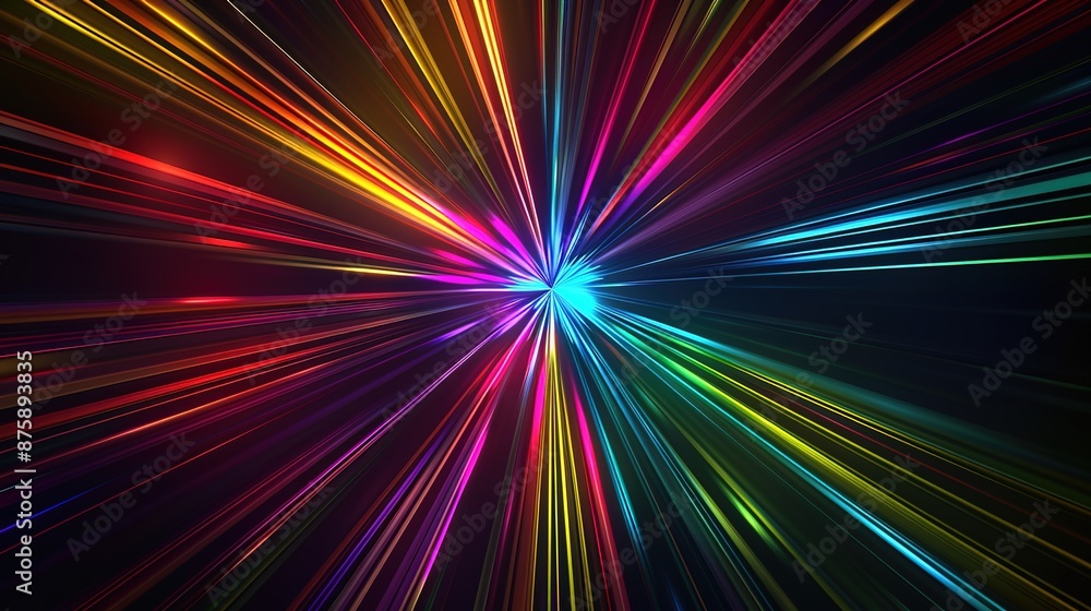 Bright, colorful lines radiating from a central point on a dark background Bright, colorful lines radiating from a central point on a dark background