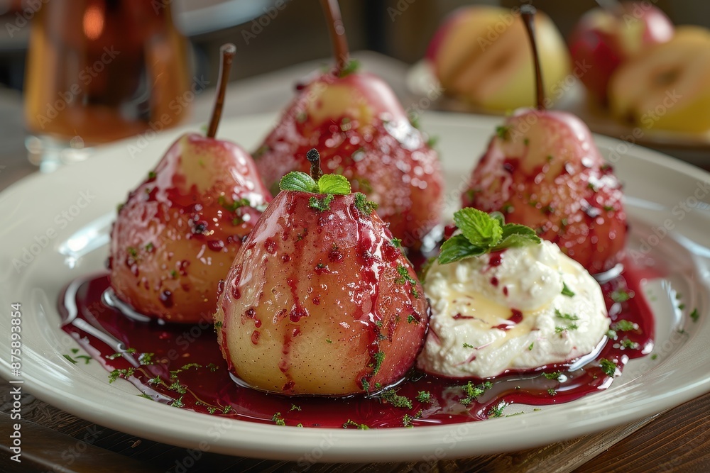 A delicate dish of poached pears in red wine, served with a dollop of mascarpone cheese. A delicate dish of poached pears in red wine, served with a dollop of mascarpone cheese.
