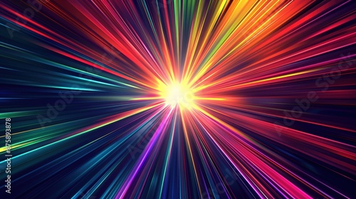  Bright, colorful lines radiating from a central point on a dark background 