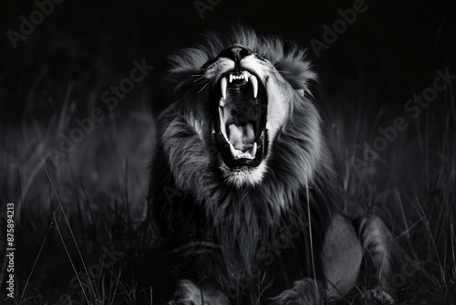 
Black and white photo of an angry lion roaring, sharp teeth visible against dark background. Lion is sitting on grass with its head tilted back showing his power and strength.  photo