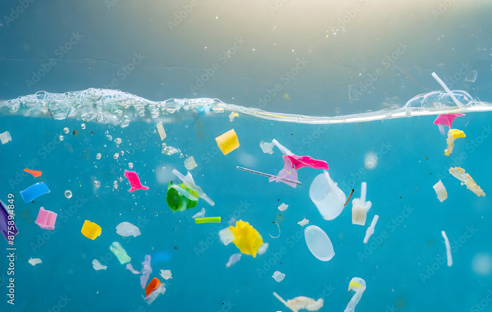 Obraz premium microplastics floating in the current, micro plastic pollution in ocean water. Generative AI.