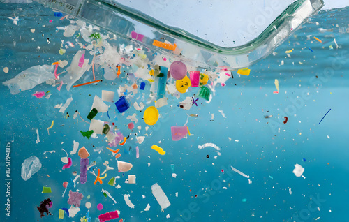 microplastics floating in the current, micro plastic pollution in ocean water. Generative AI.