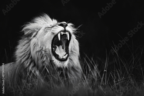 
Black and white photo of an angry lion roaring, sharp teeth visible against dark background. Lion is sitting on grass with its head tilted back showing his power and strength.  photo