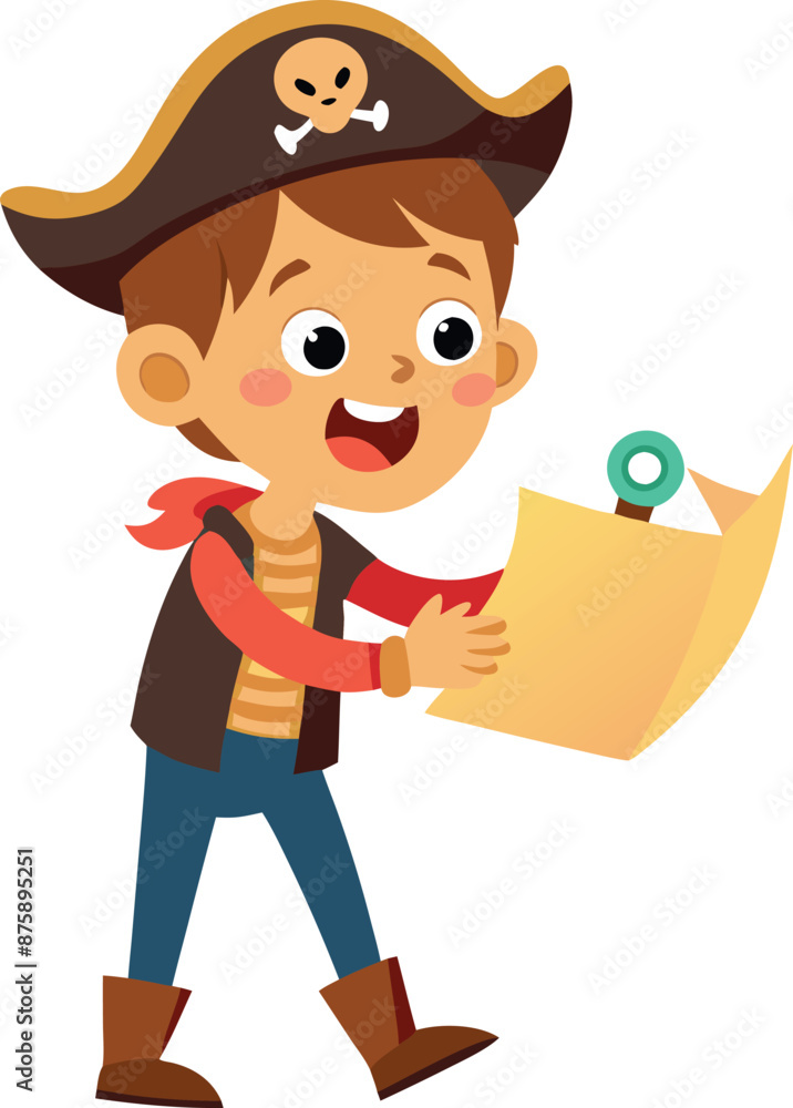 Happy Child Dressed As Pirate Holding Treasure Map Happy Child Dressed As Pirate Holding Treasure Map