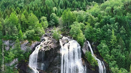 Aerial view of the waterfall Furubergsfossen in Vestland county, Norway