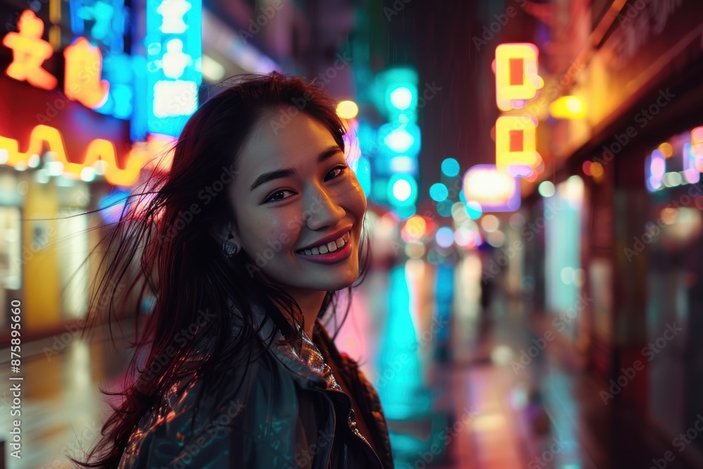 A woman is smiling in front of a neon sign A woman is smiling in front of a neon sign