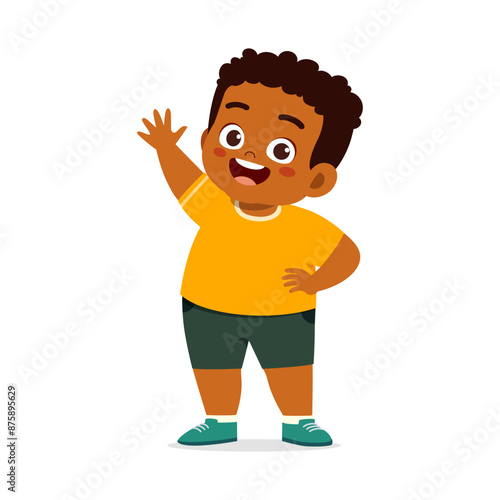 little fat kid standing and waving hand and feeling happy
