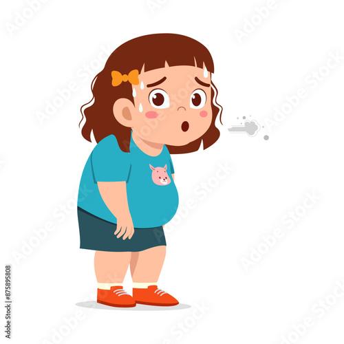 little kid standing and gasping for breath because of fatigue