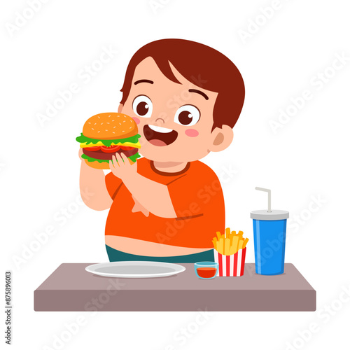 little kid eat hamburger food and feeling happy