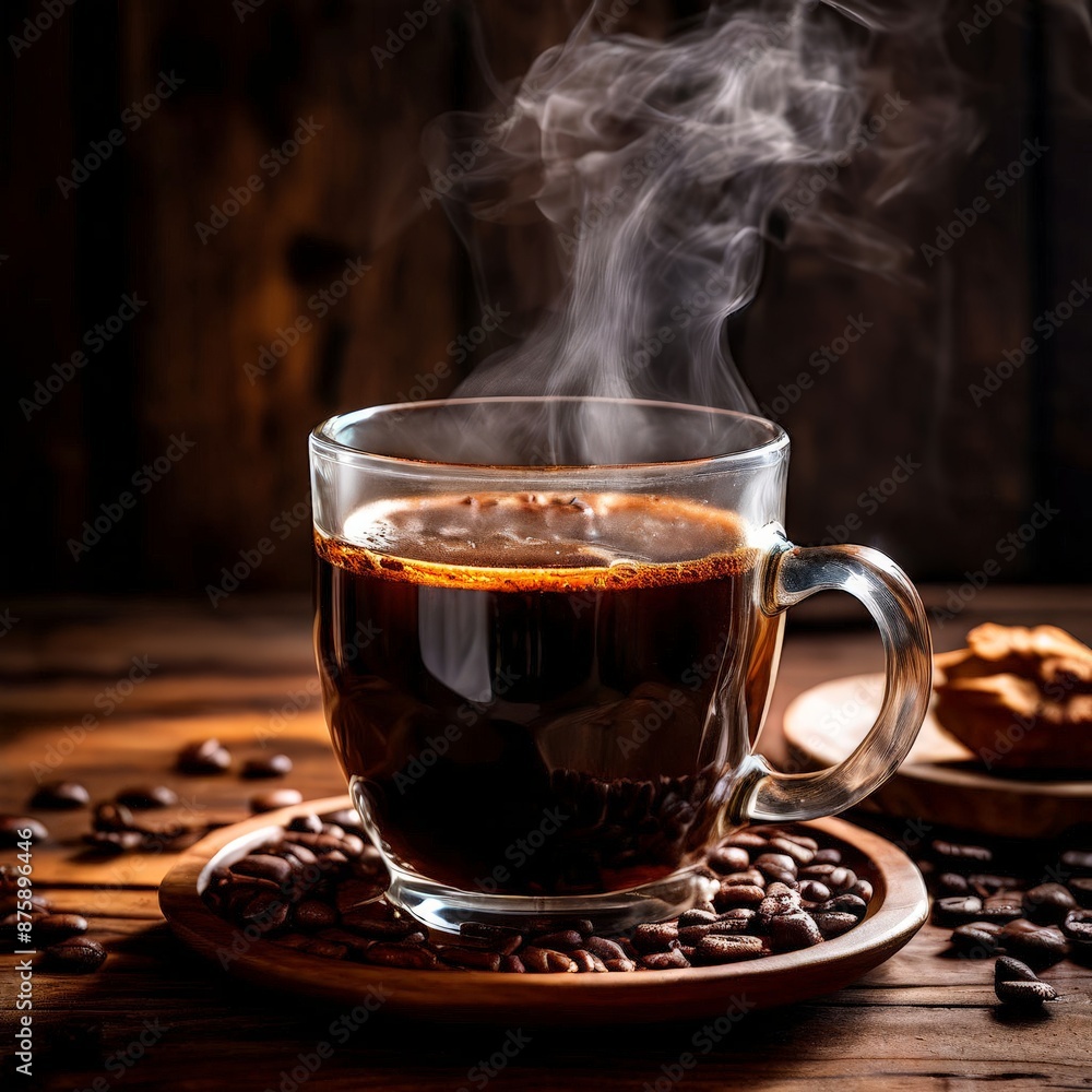 Fototapeta premium Steaming Cup of Coffee with Coffee Beans on Wooden Table.