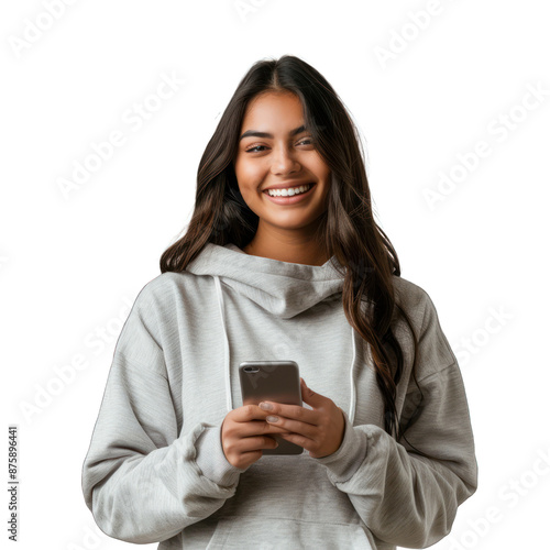 woman texting on cell phone isolated on a White Background