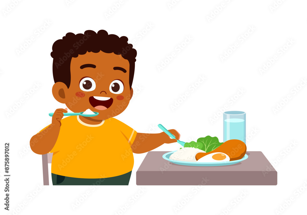 little kid eat rice and chicken food and feeling happy little kid eat rice and chicken food and feeling happy