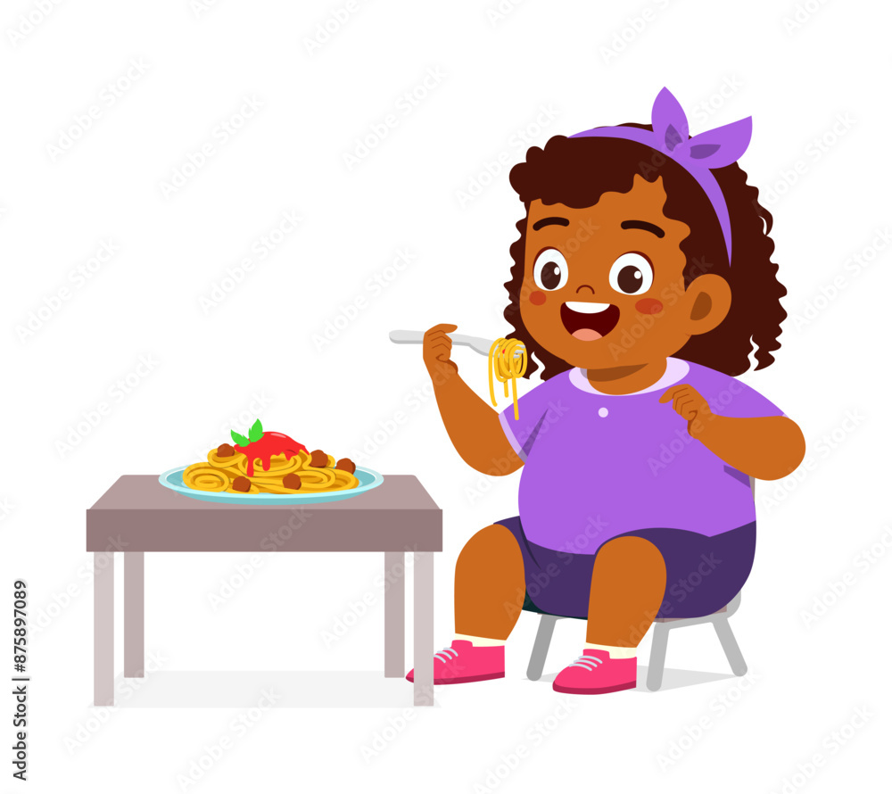 little kid eat spaghetti food and feeling happy little kid eat spaghetti food and feeling happy