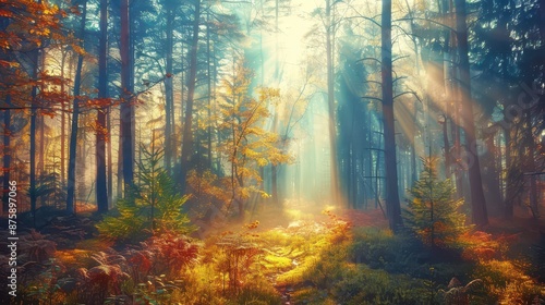 Obraz na płótnie Autumn nature landscape of colorful forest in morning sunlight w salonie