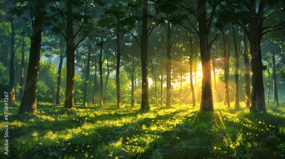 Scenic view of sunlight shining through the tall trees of a dense forest with a lush green undergrowth Scenic view of sunlight shining through the tall trees of a dense forest with a lush green undergrowth