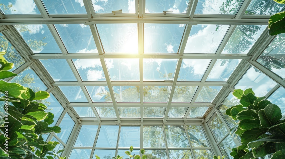 Sunlight Bathes a Modern Conservatory with a Glass Ceiling Sunlight Bathes a Modern Conservatory with a Glass Ceiling