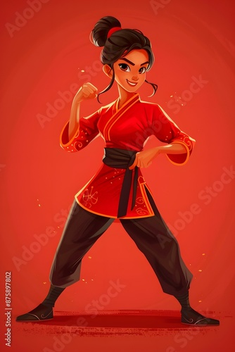 An illustration of a young woman in a red dress and black pants, with her hair in a bun, doing a kung fu pose.