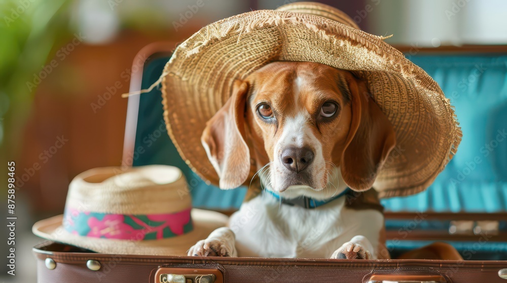 dog in a straw hat sits in a suitcase with things for a summer vacation at sea