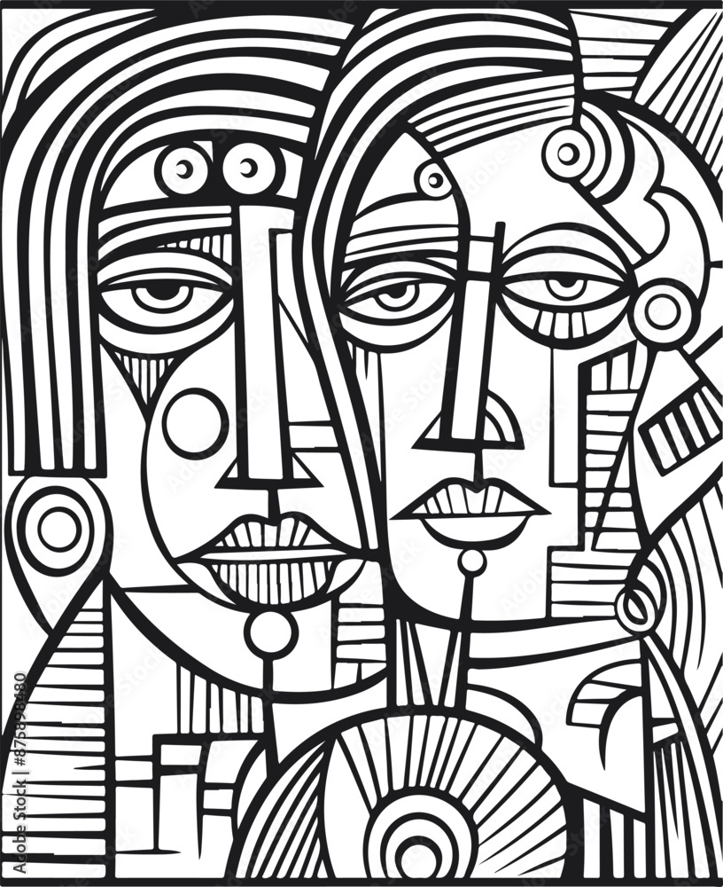 Abstract art vector outline illustration of couple, man and woman portrait. Black and white coloring page of human faces. Abstract art vector outline illustration of couple, man and woman portrait. Black and white coloring page of human faces.