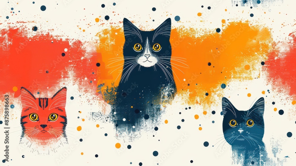 Expressive Cat Faces with Bold Orange and Blue Abstract Background. Expressive Cat Faces with Bold Orange and Blue Abstract Background.
