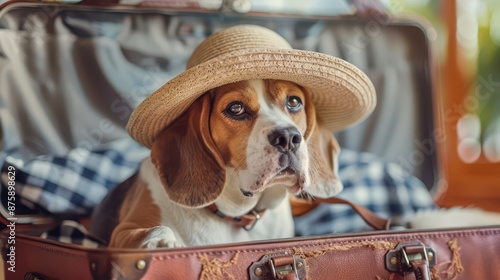 dog in a straw hat sits in a suitcase with things for a summer vacation at sea