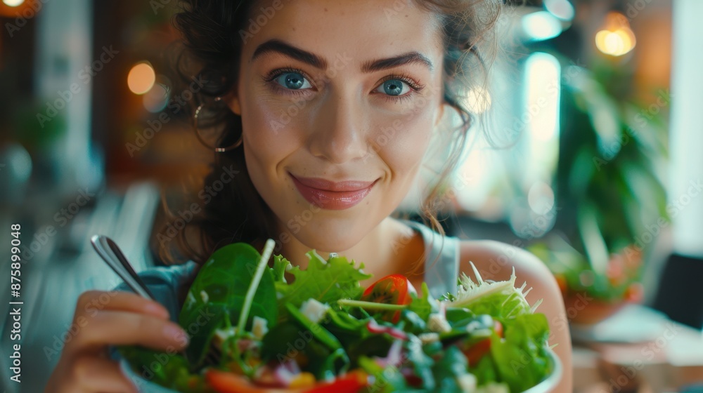 Beautiful healthy woman eating salad