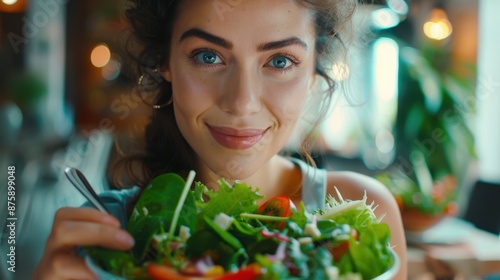 Obraz na płótnie Beautiful healthy woman eating salad w salonie