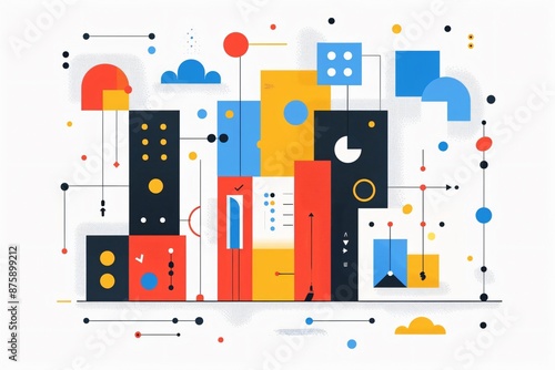 Abstract geometric illustration showcasing colorful shapes, cityscapes, and interconnected elements in modern design.