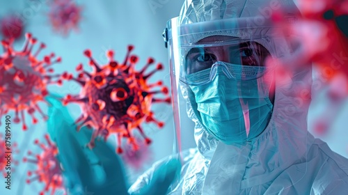 Person in protective gear combating Covid 19 seeks virus model Quarantined