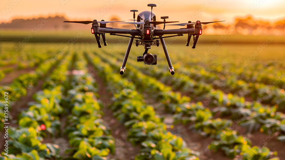 Advanced Drone Technology Over Vibrant Agricultural Field at Sunset Advanced Drone Technology Over Vibrant Agricultural Field at Sunset