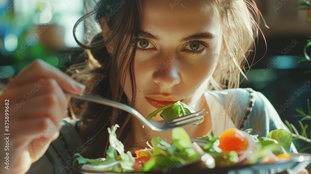 Beautiful healthy woman eating salad