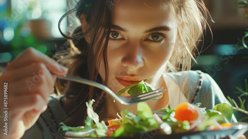 Obraz na płótnie Beautiful healthy woman eating salad w salonie