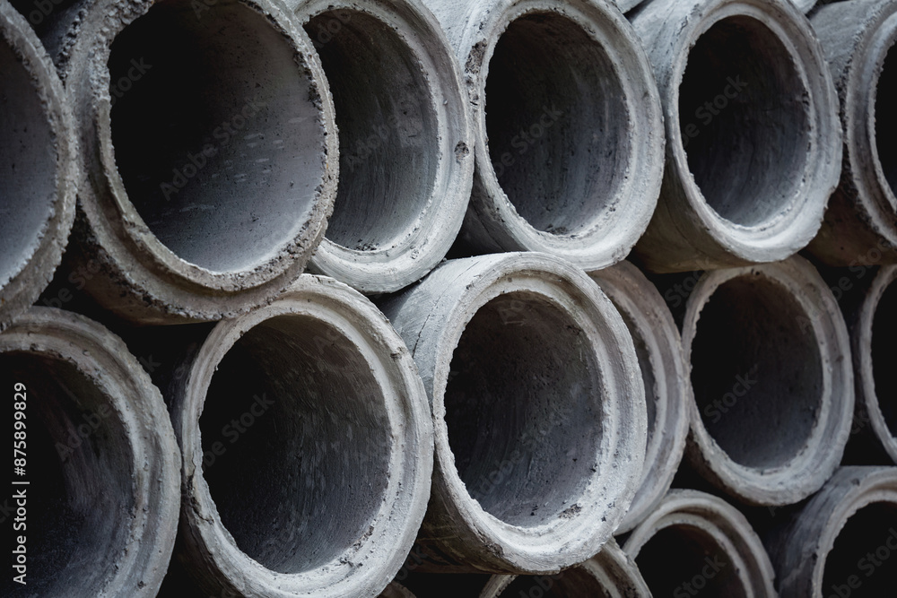 A stack of concrete ring pipes piled and creating a symmetrical arrangement A stack of concrete ring pipes piled and creating a symmetrical arrangement